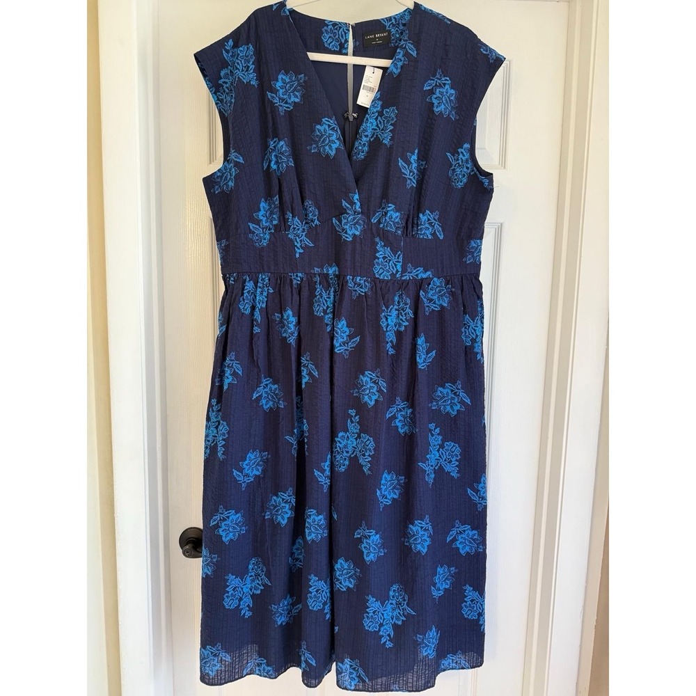 Lane Bryant NWT Navy Blue Floral Seersucker Midi Dress V-Neck Cotton Sz 16